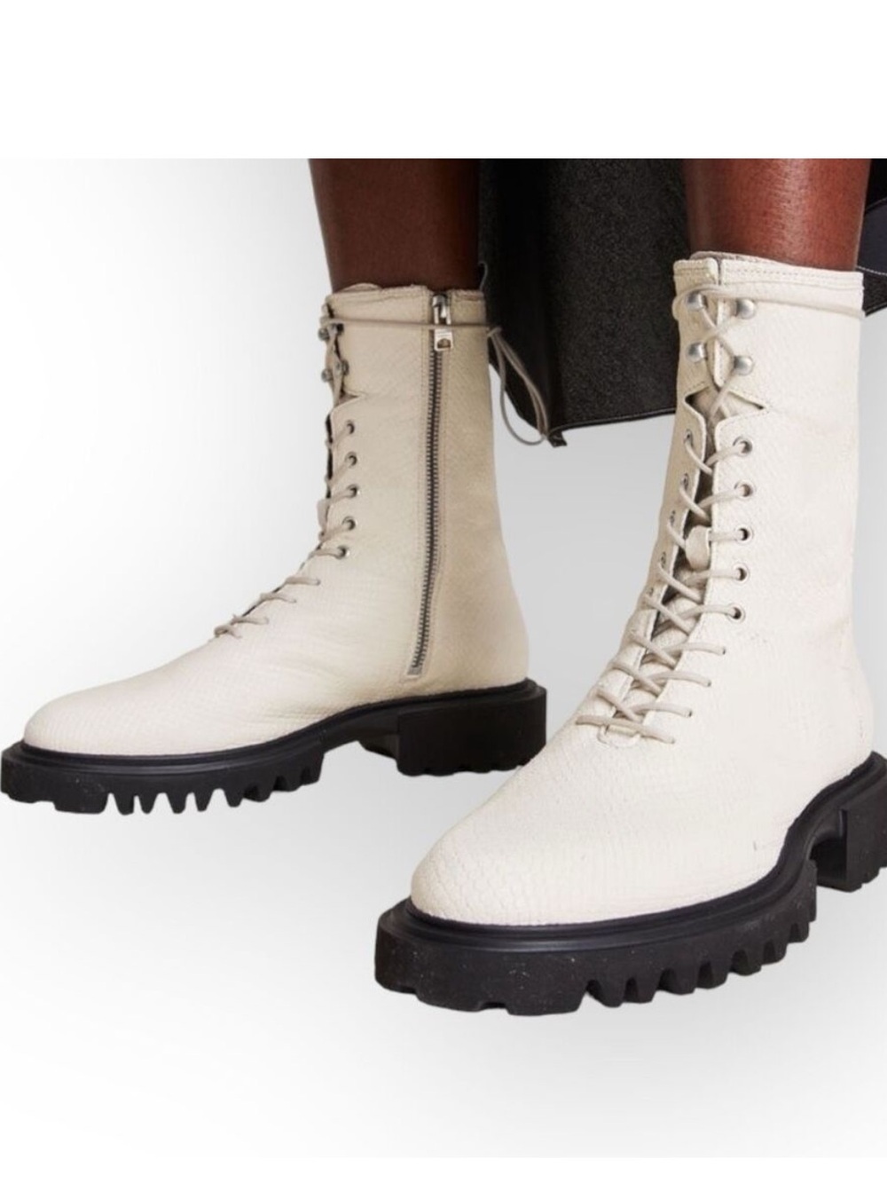 ALL SAINTS Maren Leather Snake Combat Boots in White